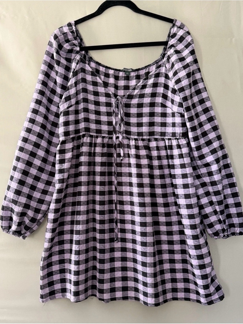 Wild Fable Purple Black Gingham Scoop Neck Tie Front Long Sleeve Short Dress M